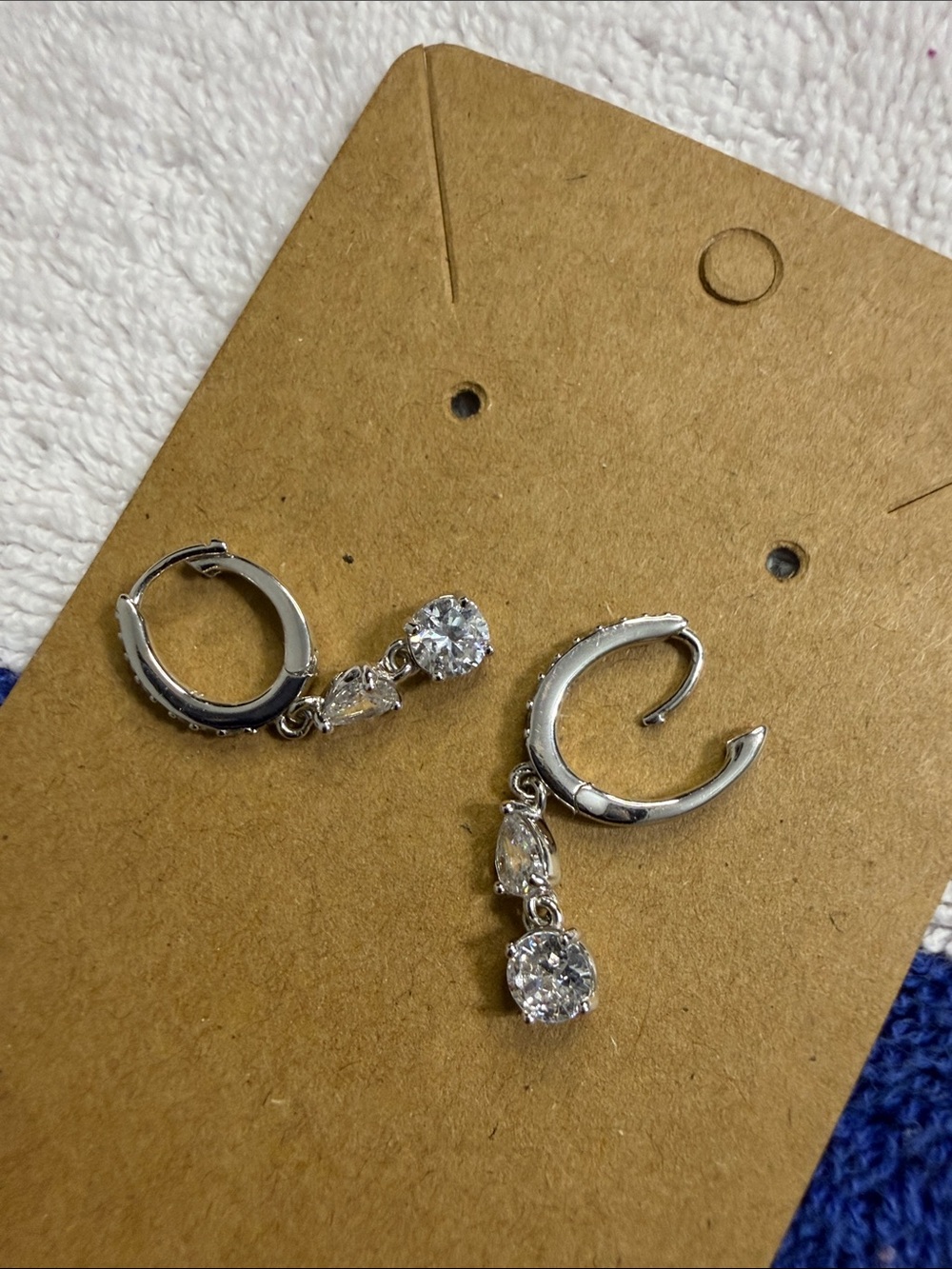Sterling Silver Drop Hoop Earrings with Clear Cubic Zirconia